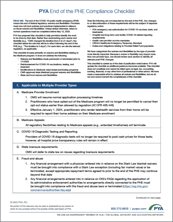 PYA New Resource End of PHE Compliance Checklist